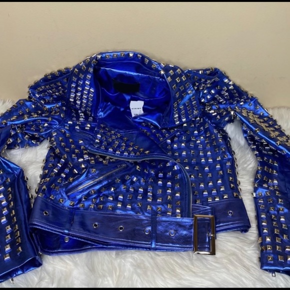 Royal Blue Studded Leather Jacket - Picture 13 of 15